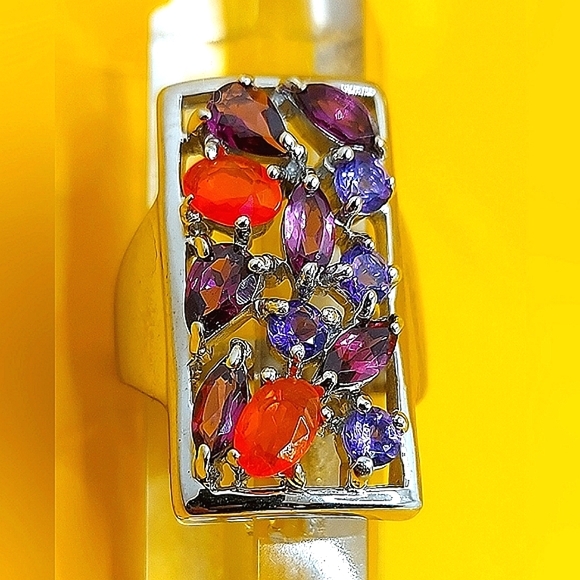 Natural Orange Opal, Amethyst, Rhodolite 925 Sterling Silver Ring Sz 7.5 - Picture 2 of 10